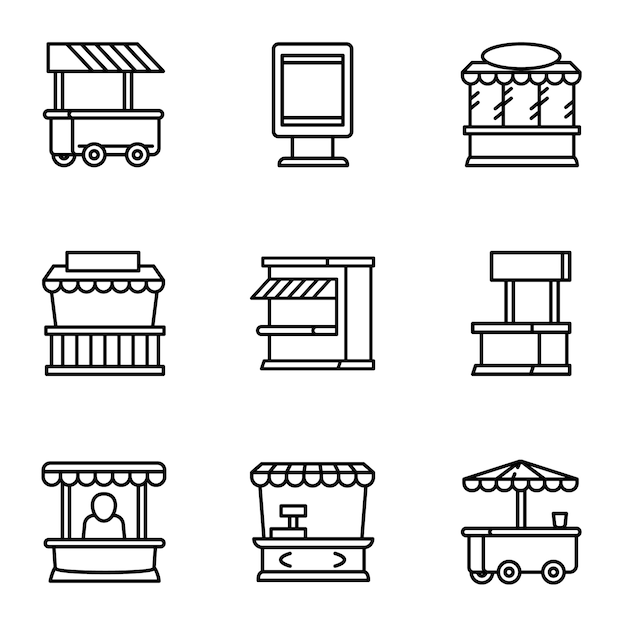 Street market icon set, outline style