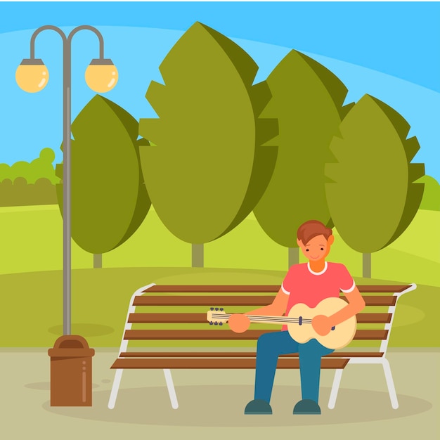 Street musician playing guitar vector flat illustration