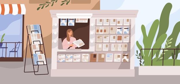 Street newsstand with paper newspapers, latest press. Seller in news stand, kiosk. Woman vendor behind stall in mass media booth with magazines. Newsagent in city. Flat vector illustration.