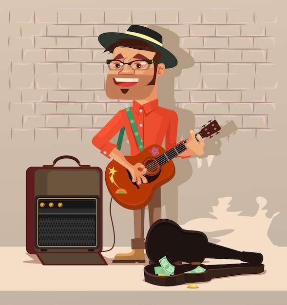 Street performer man character sing song flat cartoon illustration