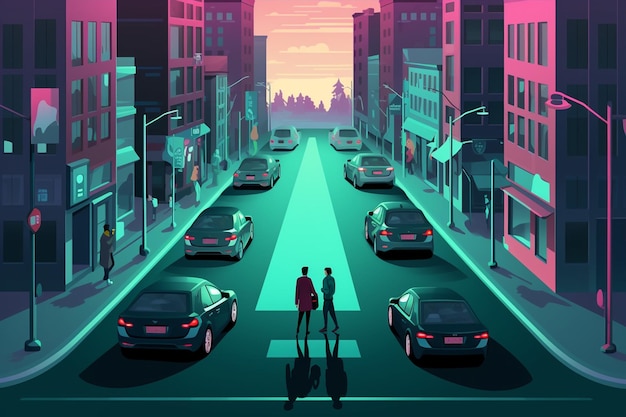 Vector street scene of people walking with cars