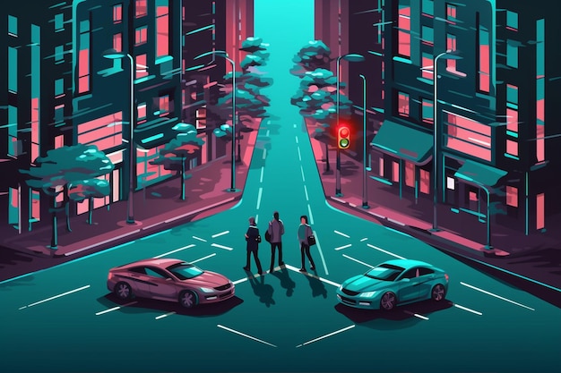 Vector street scene of people walking with cars