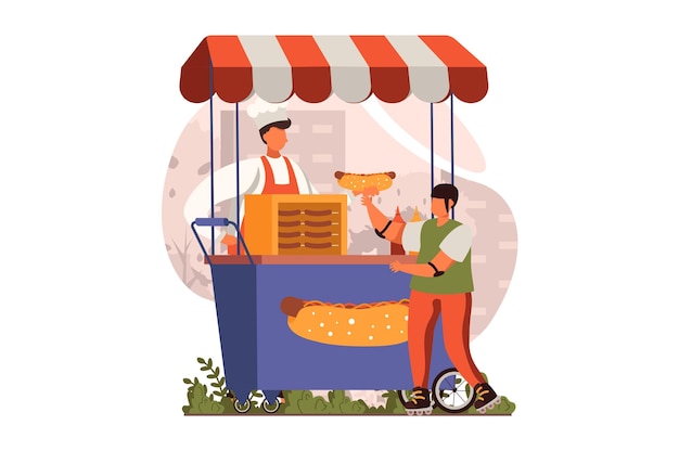 Street shops web concept in flat design Man making hot dogs and selling snacks at street stall Boy buying fast food in kiosk Food court at city marketplace Vector illustration with people scene