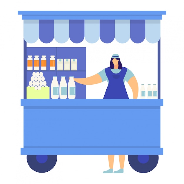 Street urban milk store and egg shop, woman character farmer trade homemade dairy product  on white,   illustration.