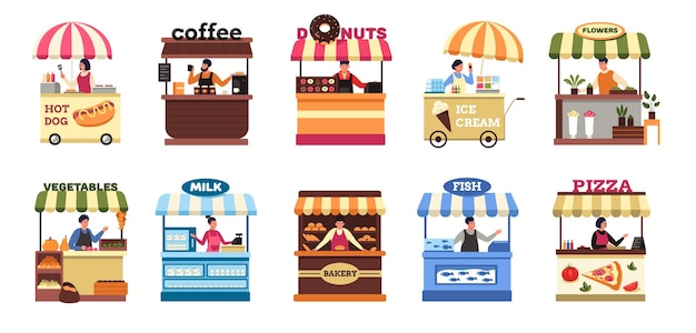 Street vendors Farm local market food booth and stall with seller set of fruit vegetable kiosk stands and fish trolley flat cartoon style Vector collection