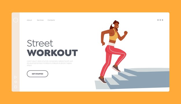 Street Workout Landing Page Template Sport Activity Jogging and Healthy Lifestyle Exercise Happy Female Character in Headphones Run Athletic Woman Running Upstairs Cartoon Vector Illustration