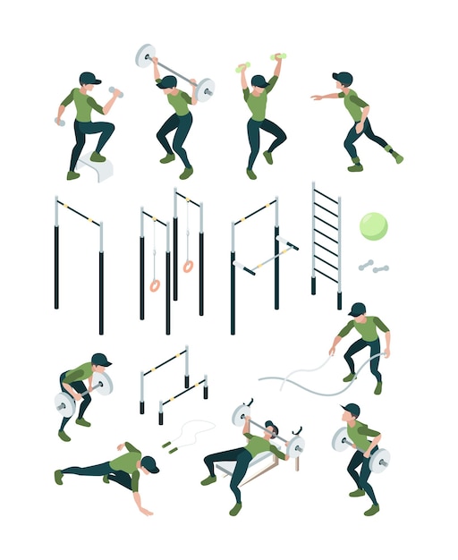 Street workout. Outdoor gymnastic sport accessories for playground horizontal bars vector isometric athletes people. Motion and stretching, man 3d isometric in sportswear illustration