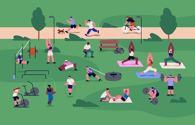 Street workout park People training doing different exercises physical cardio and strength activities outdoors at wellness sport ground with facilities fitness equipment Flat vector illustration