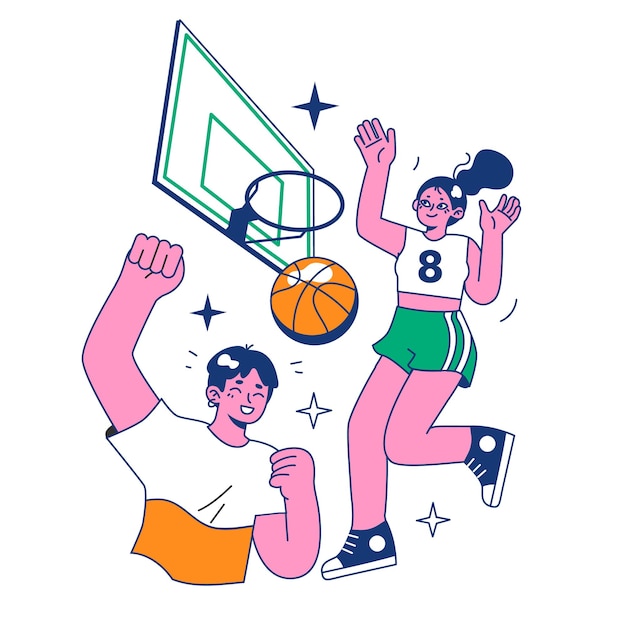 Streetball game Team players play basketball outside Teen or young adult characters in a sportswear play with a ball Flat vector illustration