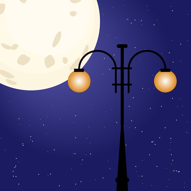 Vector streetlights lamppost night with big moon and stars