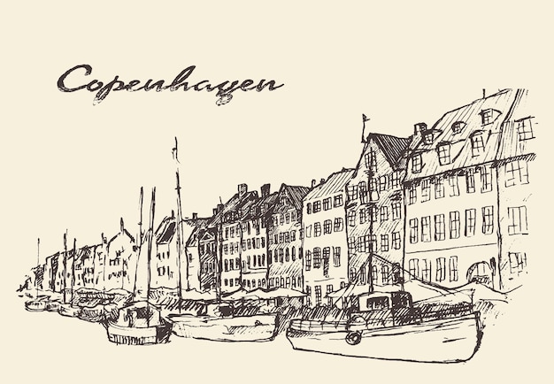 Streets in Copenhagen, Denmark, vintage engraved illustration, hand drawn