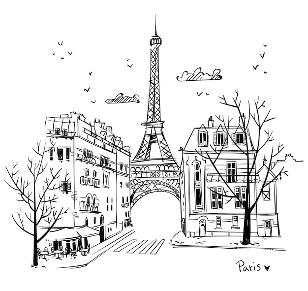 Streets of Paris sketch, vector illustration