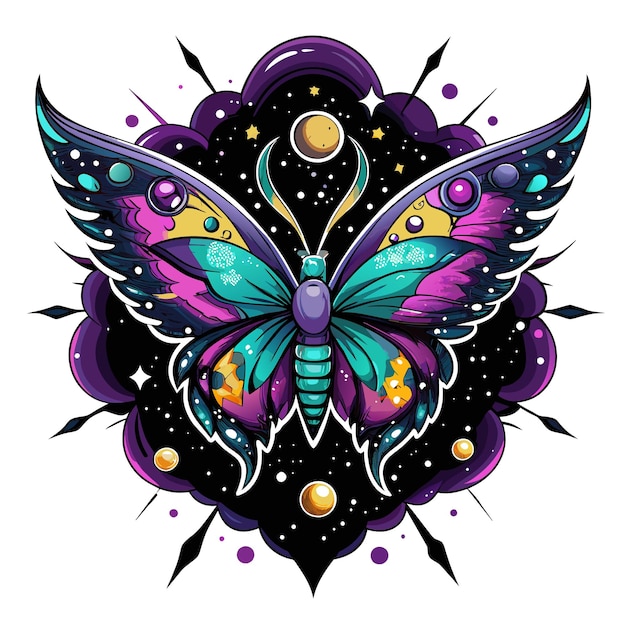 Streetwear illustration where a butterflys wings are adorned with intricate patterns reminiscent