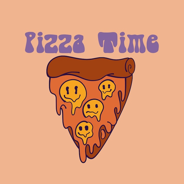 Streetwear Retro hand drawn Pizza and Smile Face with Slogan Pizza Time for T shirt Design