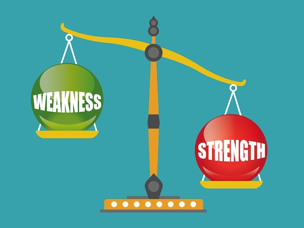 Vector strength and weakness balance on the scale vector illustration