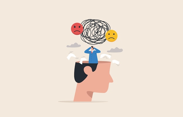 Stress burden from overwork mental problems anxiety Businessman has heavy messy line in his brain