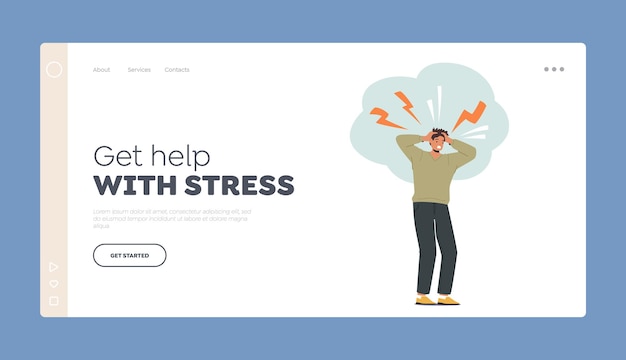 Stress Despair Frustration Landing Page Template Young Desperate Man Holding Head with Sparkling Lightnings above