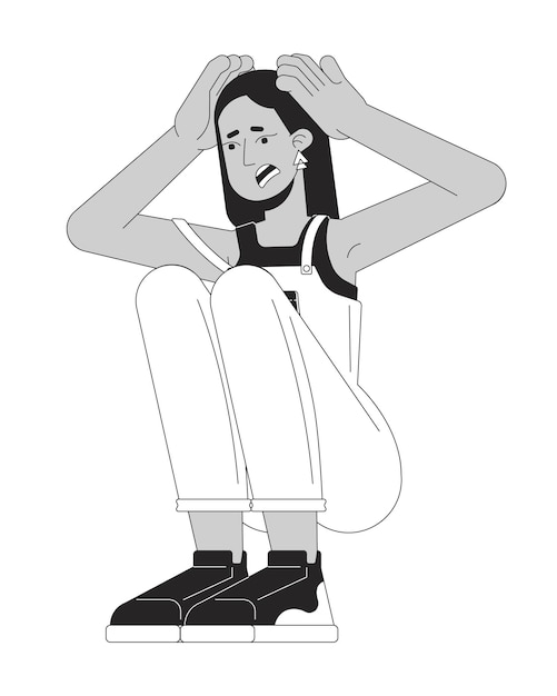 Stressed arab woman covering head black and white 2D line cartoon character