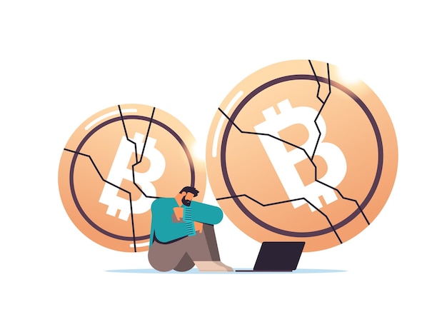 Vector stressed businessman investor sitting near crashed coin cryptocurrency crash bitcoin price collapse crypto loss investment risk crisis concept horizontal vector illustration