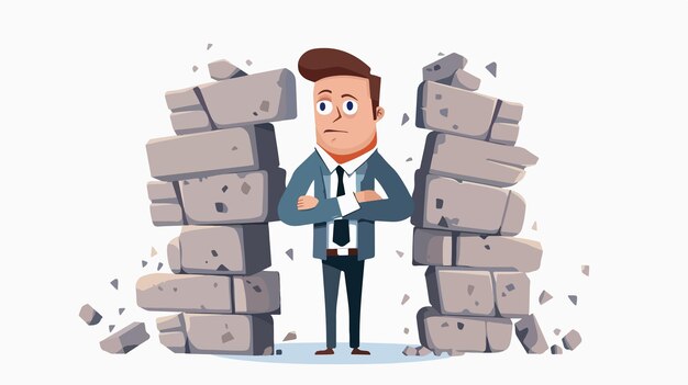 Vector stressed businessman trapped between two stone walls under pressure