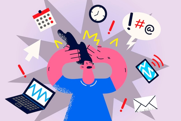 Stressed businesswoman overwhelmed with work tasks manage to meet deadline in office. Anxious female worker or employee frustrated with job plans and notification. Vector illustration.