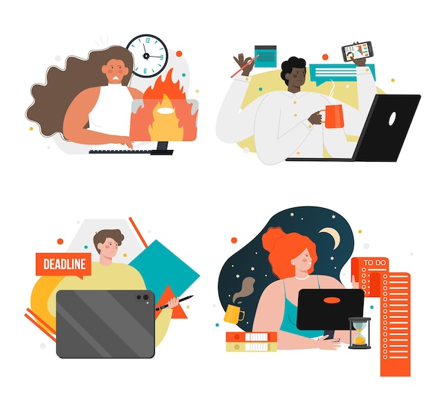 Stressed busy office people cartoon character set vector isolated illustration deadline and time man...