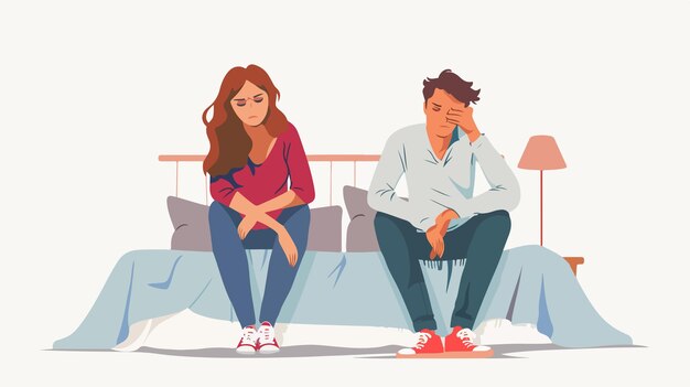 Stressed Couple Sitting on Bed Flat Vector Illustration