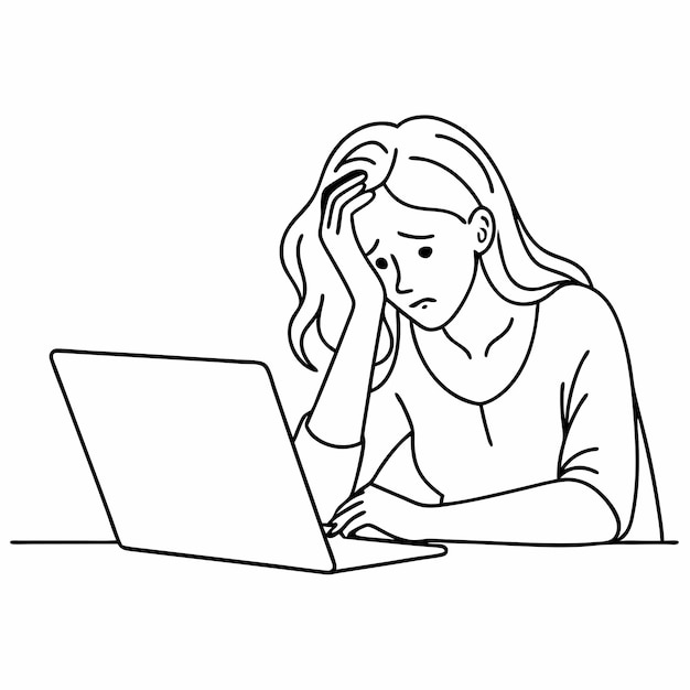 a stressed and frustrated woman using a laptop computer The line art vector illustration