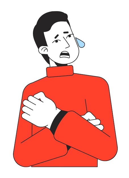 Stressed man hugging himself and crying flat line color vector character