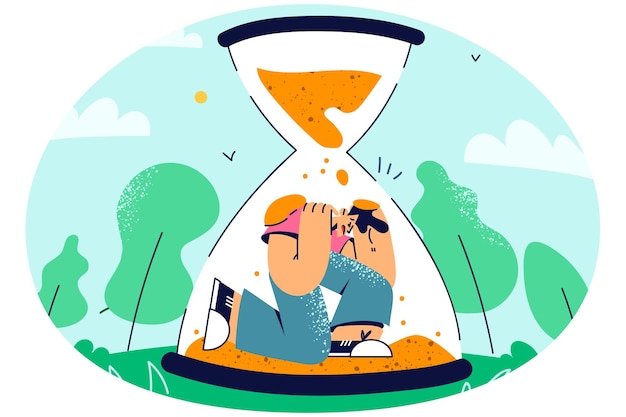 Stressed man sitting in hourglass frustrated with deadline Unhappy distressed male count time pass Concept of miss opportunities and time management Vector illustration