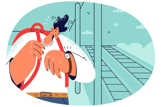 Stressed man standing on platform looking at clock worried about train delay Unhappy guy check time distressed with missed transport on railway station Vector illustration