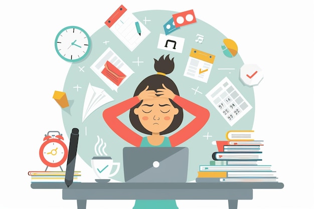 Vector stressed student desk illustration