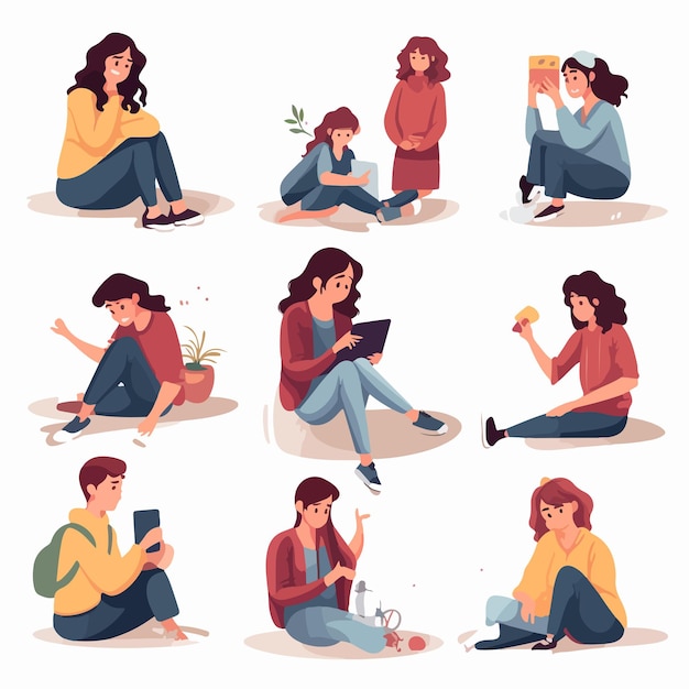 Vector stressed teenagers in various situations