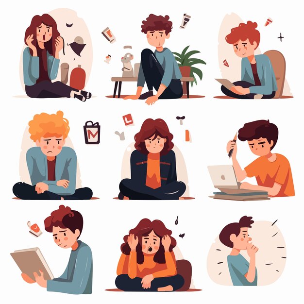 Vector stressed teenagers in various situations