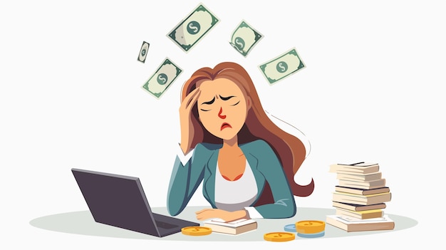 Vector stressed woman cartoon vector illustration depicting financial struggles