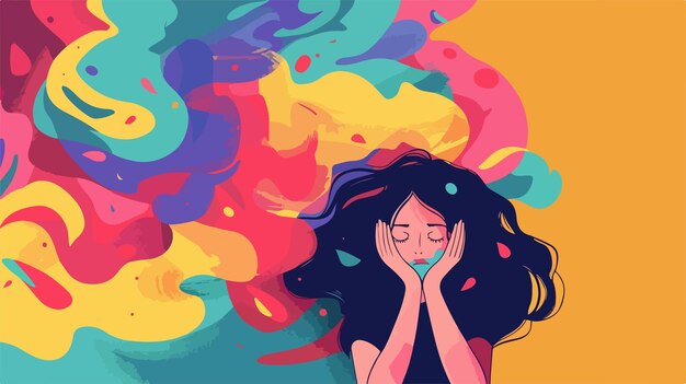 Vector stressed woman concept young girl with bad thoughts