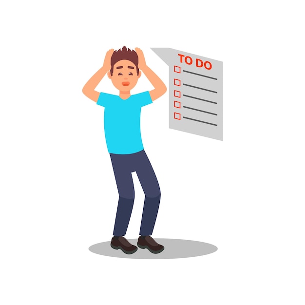 Stressed young guy with a lot of work Long to do list Exhausted man holding hands on his head Flat vector design