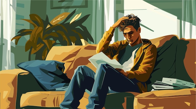 Vector stressed young man in debt at home closeup vector style