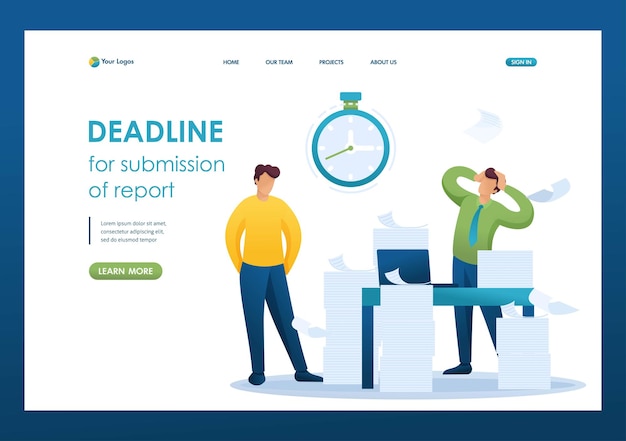 Stressful situation of the office Deadline for submission of report company's employees in shock Flat 2D character Landing page concepts and web design