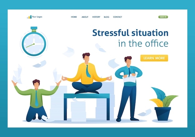 Stressful situation of the office the staff running around solve problems meditate Flat 2D character Landing page concepts and web design