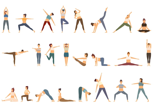 Stretching icons set cartoon vector Yoga pilates