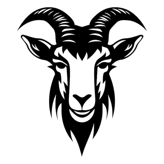 A striking black and white illustration of a goats head in a bold graphic style