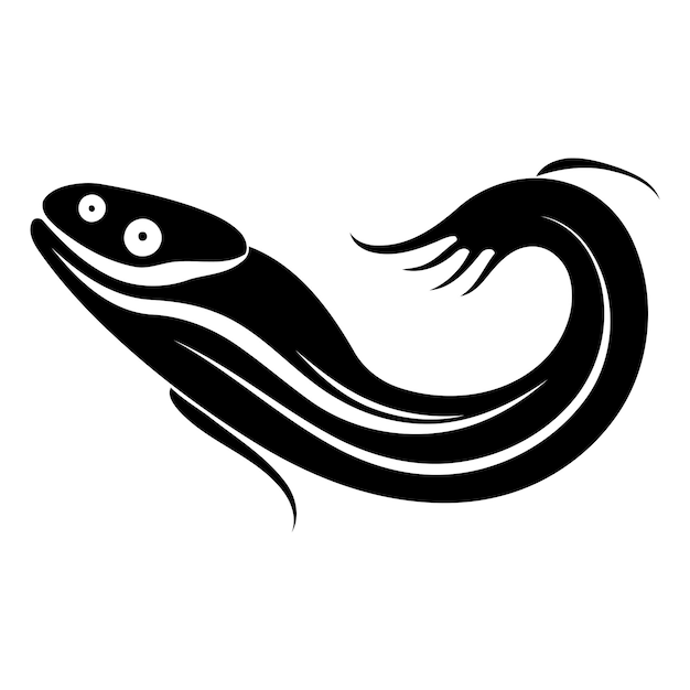 Striking black and white illustration of a stylized fish with a sinuous flowing body