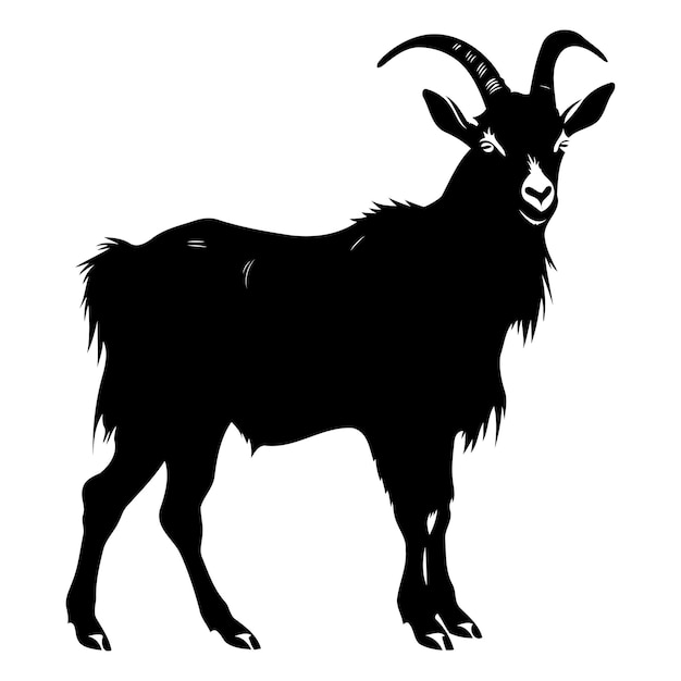 A striking black and white silhouette of a goat ideal for designs needing a bold and simple animal image