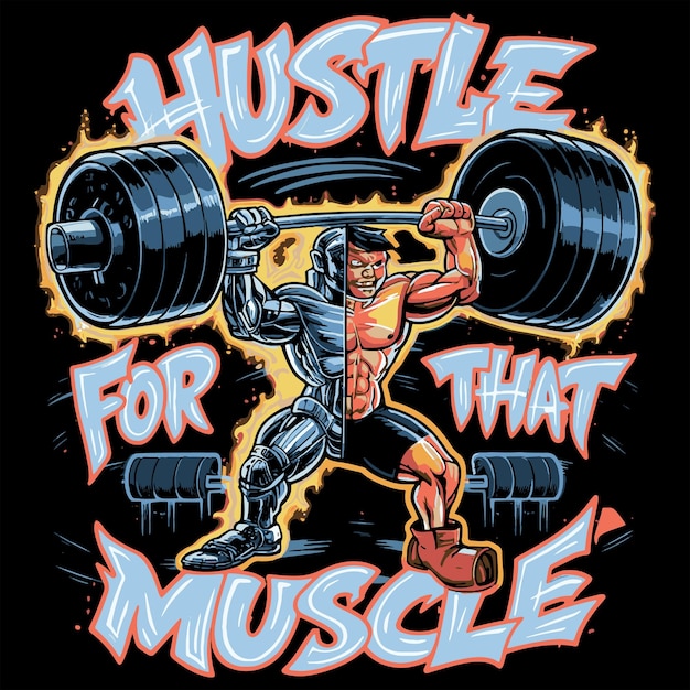 Vector a striking gym tshirt design illustration featuring a halfhuman halfmachine body lifting a massi