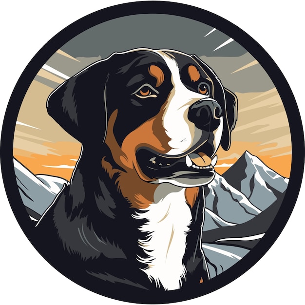 Vector a striking illustration of a bernese mountain dog head and shoulders against a backdrop of majestic mountains