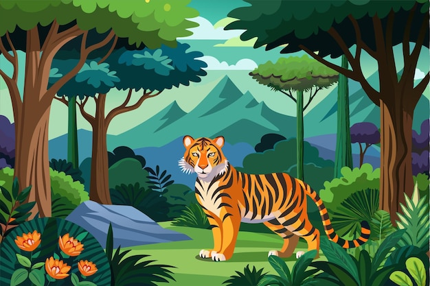 The striking tiger stands gracefully among tall trees and colorful plants in a rich forest setting Vector illustration of forest and tiger