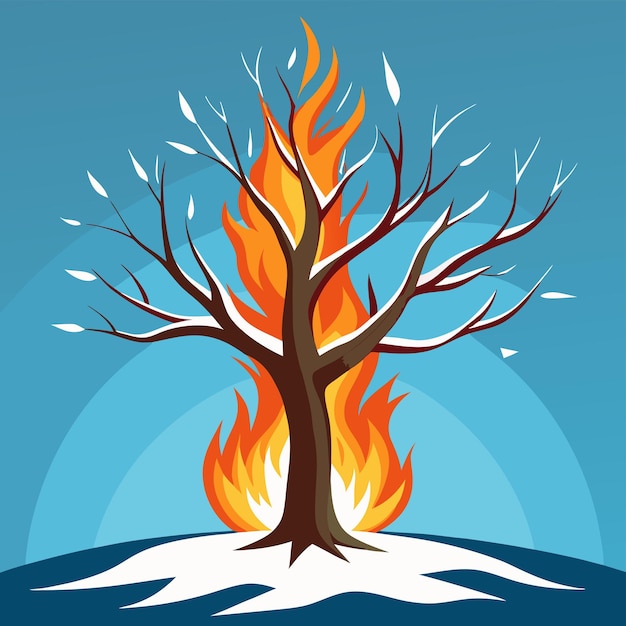 Striking Vector Illustration of a Winter Tree on Fire with Flames Contrasting Against Snowy Branche