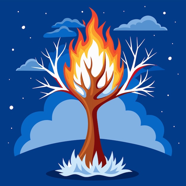 Vector striking vector illustration of a winter tree on fire with flames contrasting against snowy branche