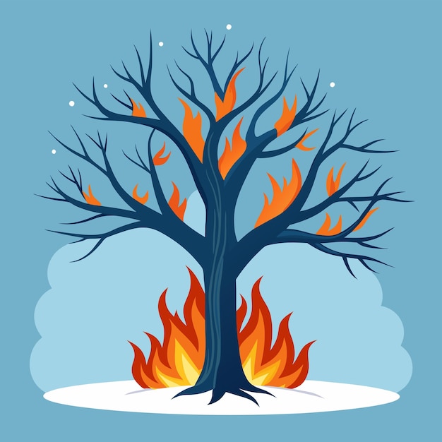 Striking Vector Illustration of a Winter Tree on Fire with Flames Contrasting Against Snowy Branche